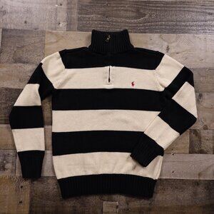 Polo Ralph Lauren Unisex Cream & Black Striped Cotton Half-Zip Sweater Size L